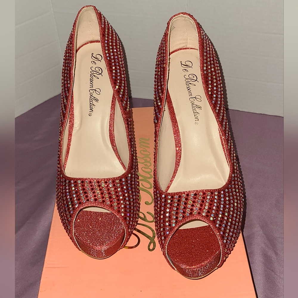 De Blossom CollectionRed Rhinestone Peep-Toe Heels size 10